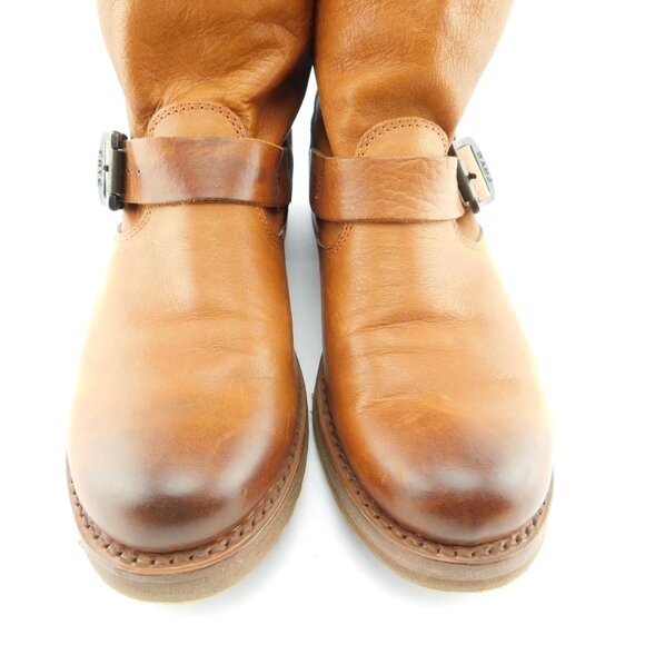 FRYE Cognac Brown Soft Leather Buckled Slouch Moto Boots 7.5 - Picture 3 of 9